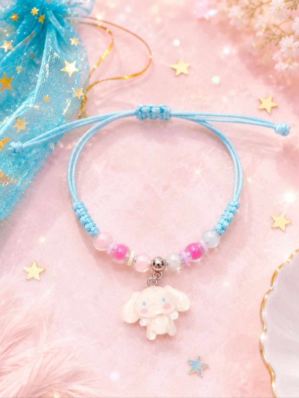Sweet pastel Cinnamoroll charm Handcrafted light blue adjustable Beaded Bracelet